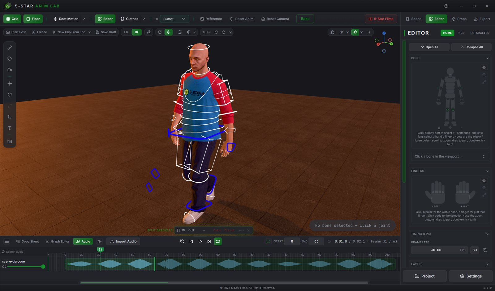 Justin mid-stride under warm sunset light, with the audio timeline docked below the viewport showing an imported waveform named scene-dialogue, an Import Audio button, a volume slider and in and out trim controls.