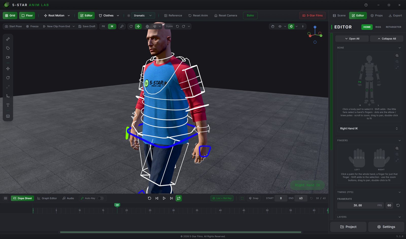 A close three-quarter view of Justin in edit mode under hard key light, rig control shapes drawn over the body, the Right Hand IK control selected and highlighted, and the Editor panel showing the body map and finger controls.