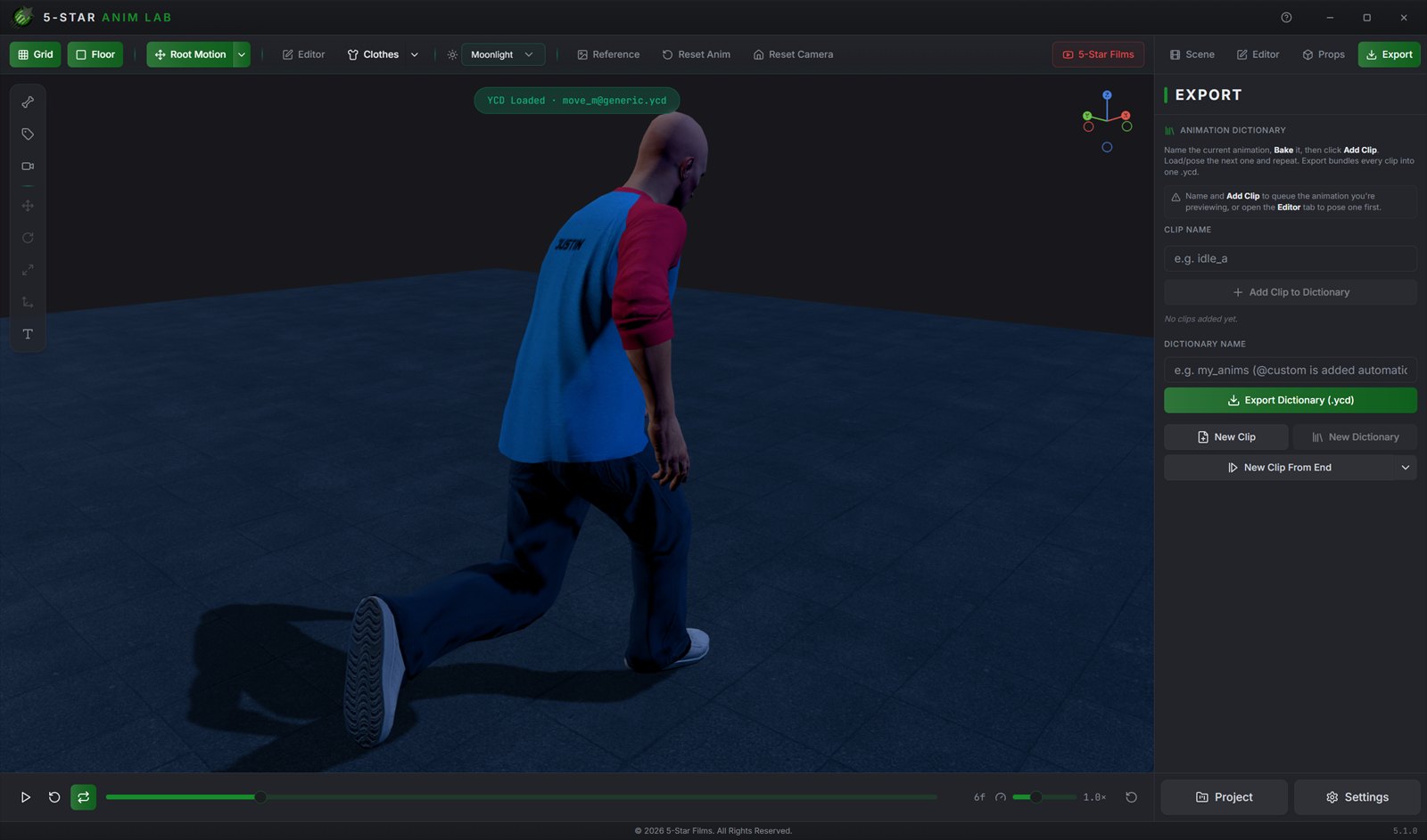 A moonlit view from behind Justin mid-stride, with the Export panel open: a clip name field, Add Clip to Dictionary, a dictionary name field and an Export Dictionary (.ycd) button.