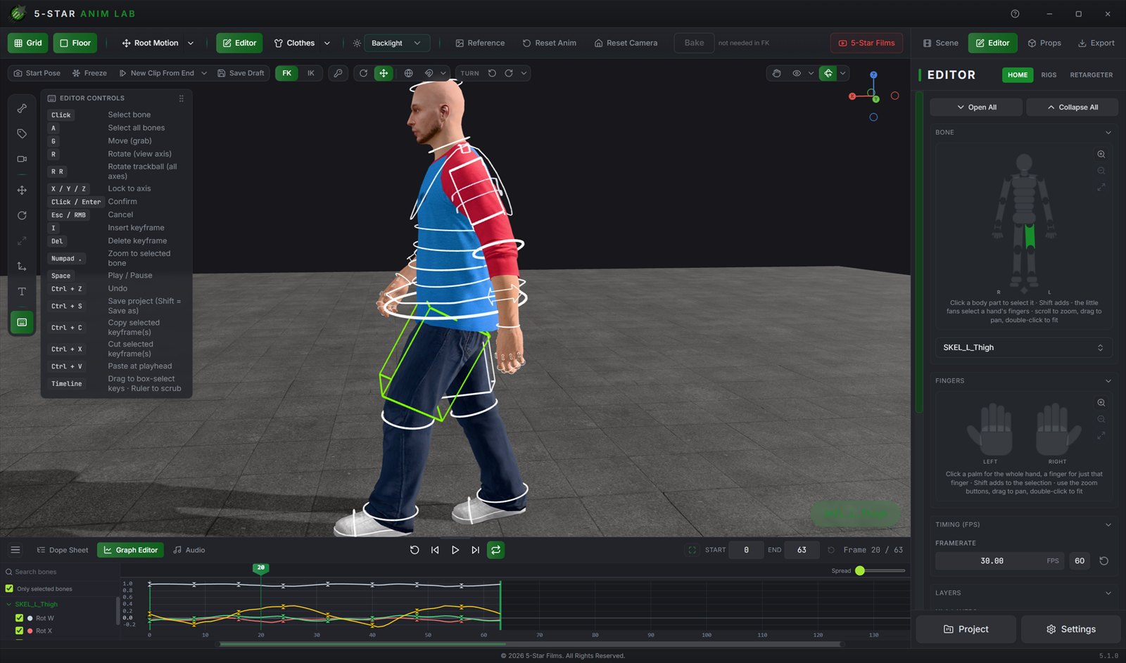 A side-on, backlit view of Justin with the selected left thigh control highlighted, and the graph editor docked below showing rotation F-curves with keyframes along each curve.