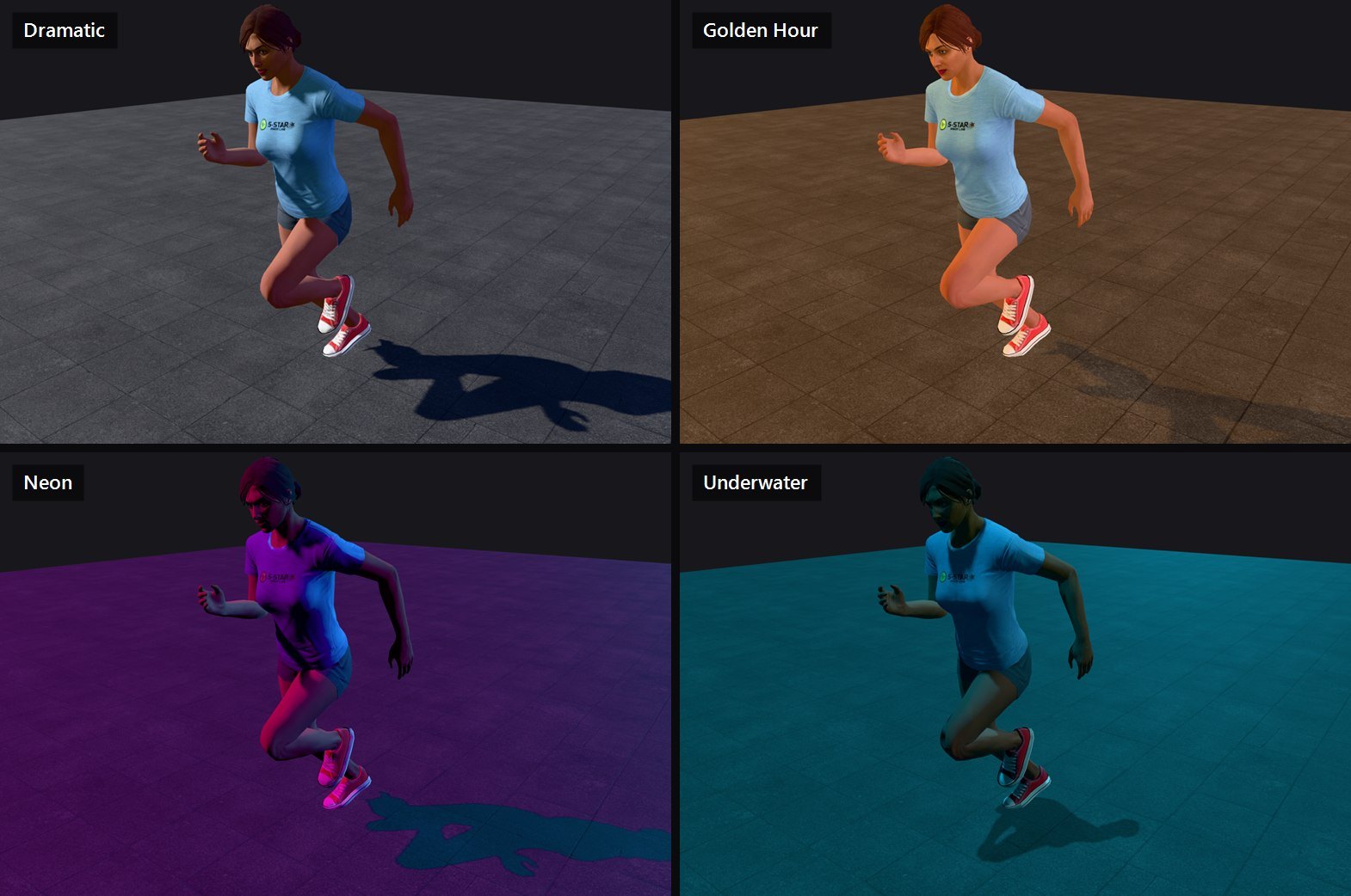 One sprint pose rendered four times under different lighting presets: Dramatic, Golden Hour, Neon and Underwater.
