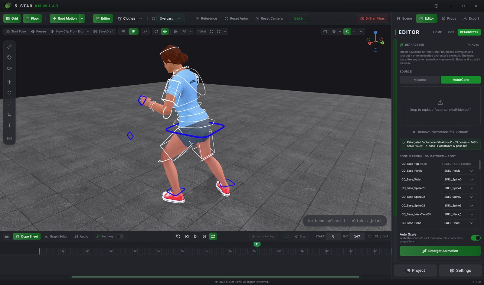 Rachel holding a pose from a retargeted ActorCore mocap clip, beside the Retargeter panel with Mixamo and ActorCore source buttons, a result line reading 59 bones, 148 frames, scale times 0.961, A-pose to ActorCore A-pose reference, and the bone mapping list below it.
