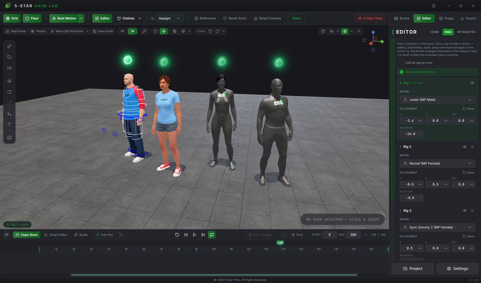 Four characters staged side by side in daylight - Justin, Rachel and two Sync Dummies - each with a green selection orb above it, and the Rigs panel listing every rig with its own model and placement fields.