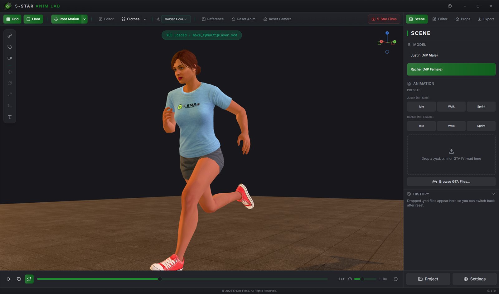 Rachel, the bundled MP Female character, caught mid-sprint in the Anim Lab viewport under warm low light, with the Scene panel on the right listing both characters and their idle, walk and sprint presets.